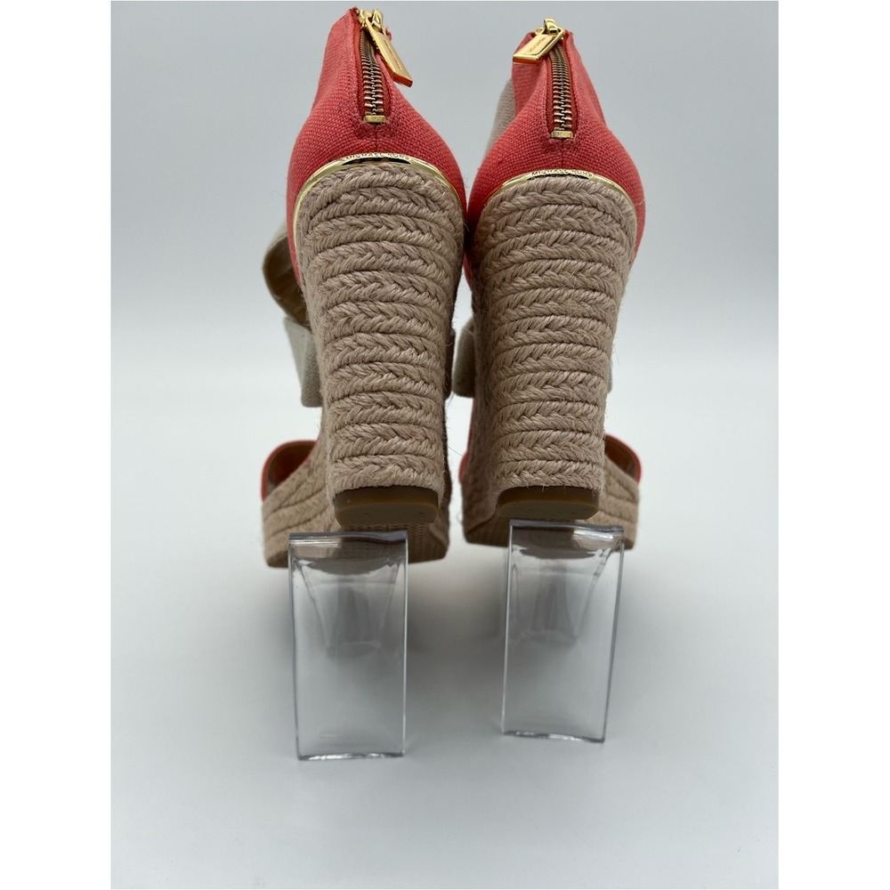 Michael Kors Coral and Natural Canvas Espadrille Wedge Sandals size 7.5 - Picture 6 of 12